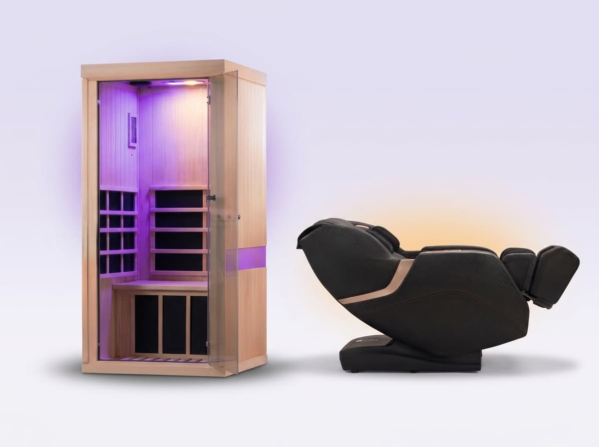 The Cappa infrared sauna cubicle and the Cappa massage machine side by side