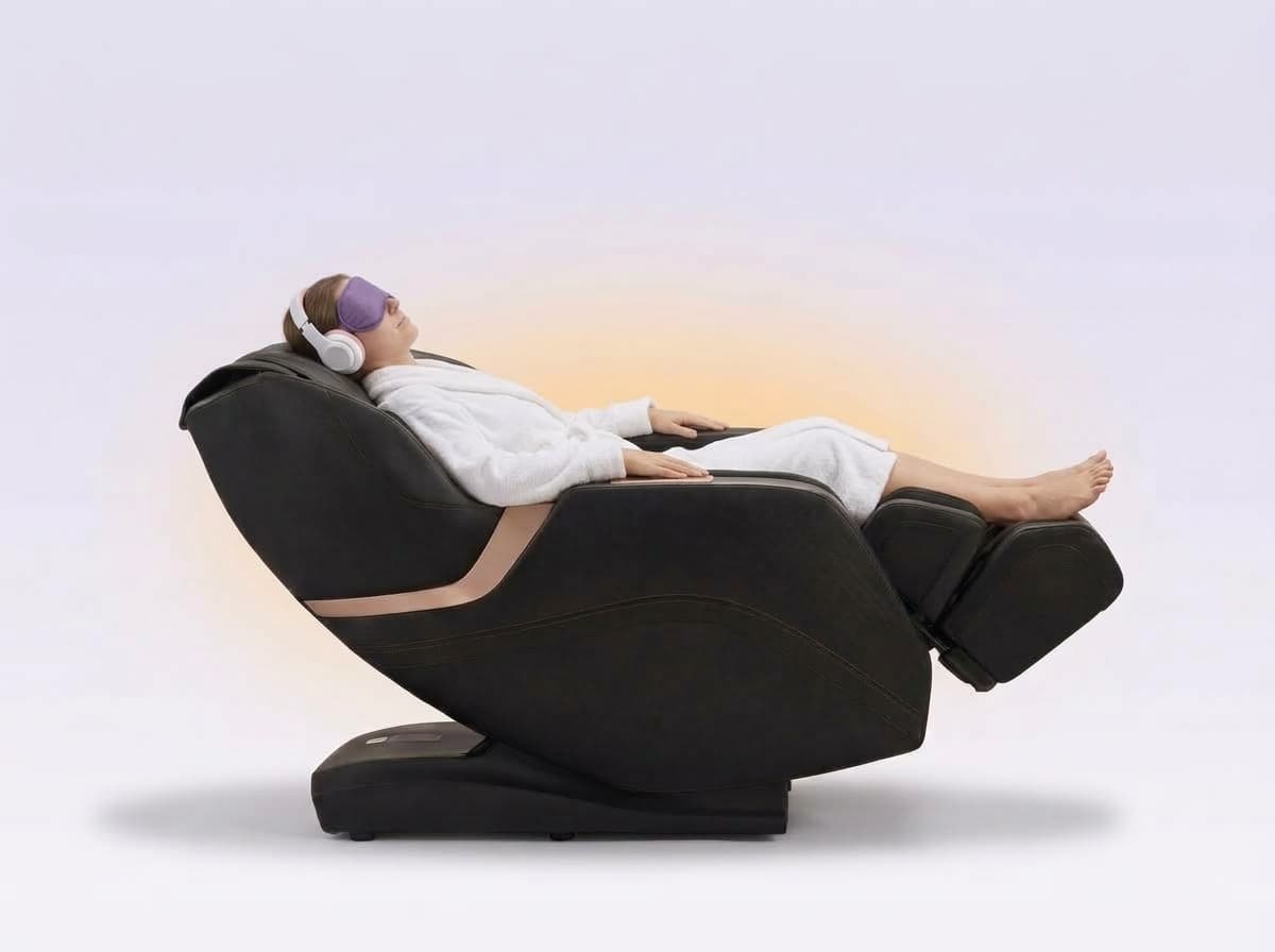 The Cappa massage machine reclined flat like a cradle with a customer resting in it, wearing headphones and an eye mask