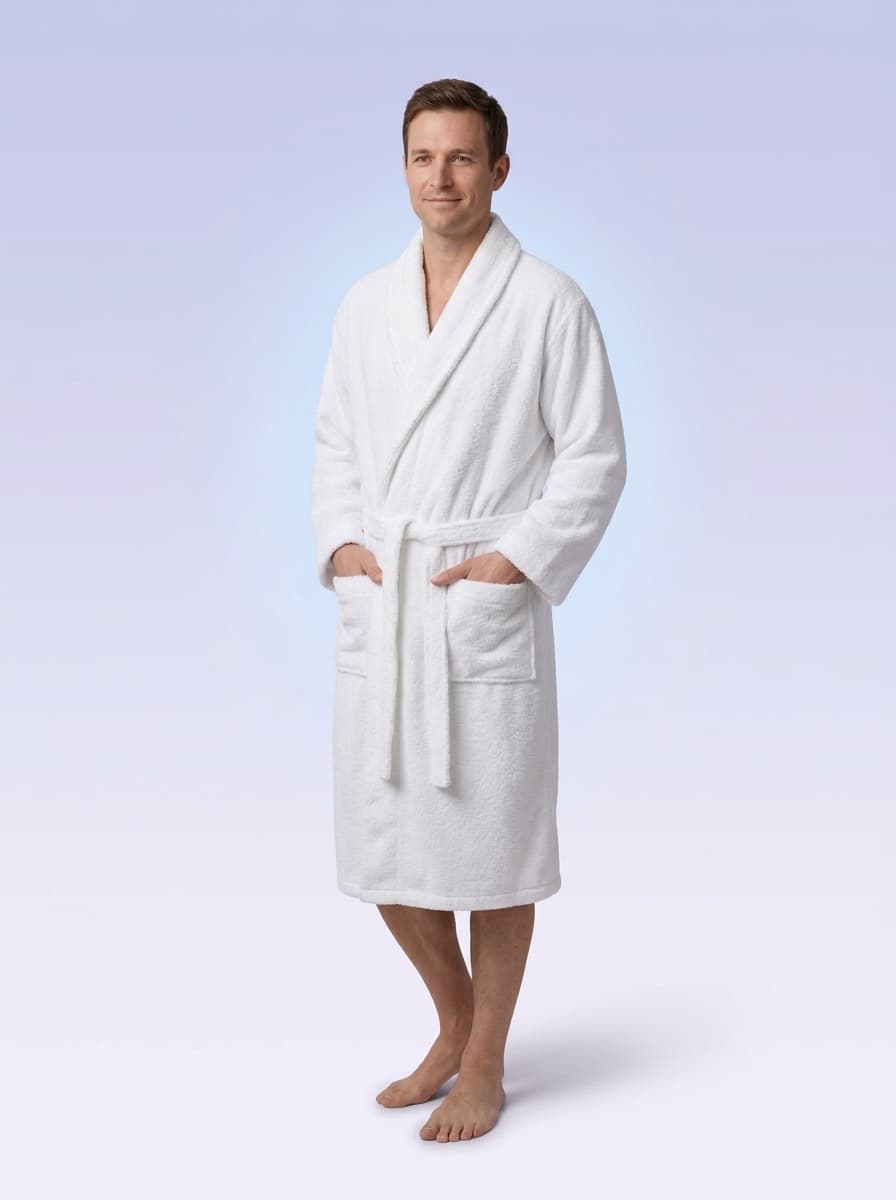 A relaxed man in a white robe, standing calmly in front of a soft blue glow