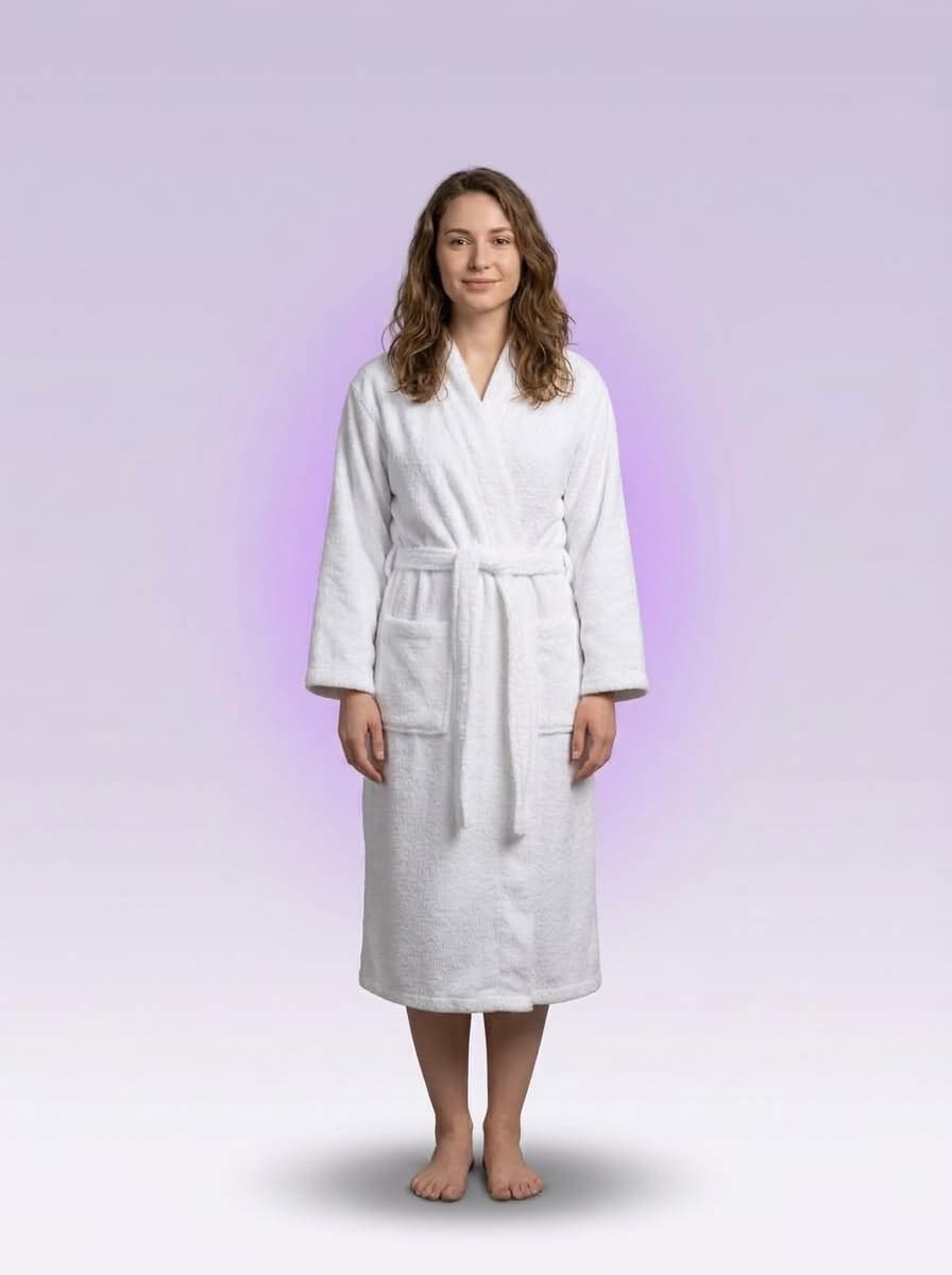 A relaxed woman in a white robe, standing calmly in front of a soft purple glow