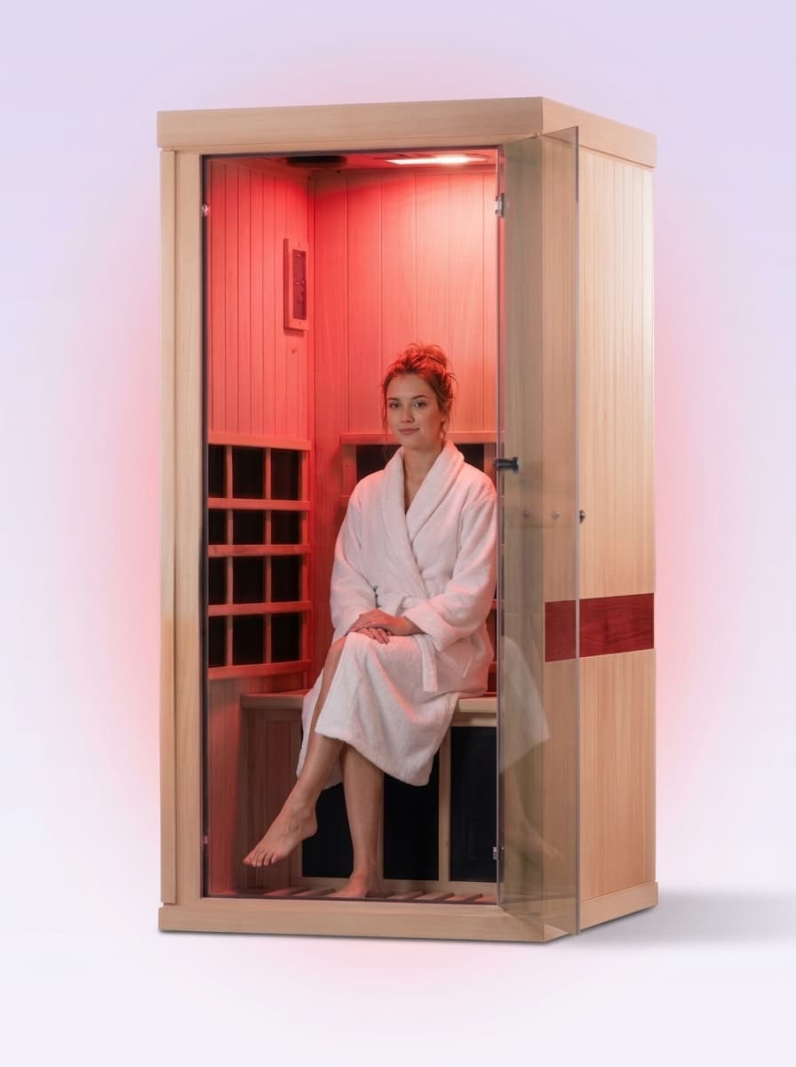 A single-person infrared sauna cubicle glowing with red light, door open, a customer seated inside in a white robe